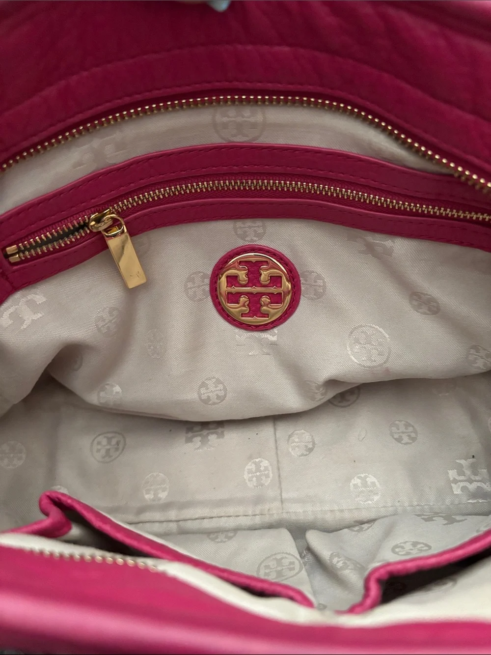 Tory Burch Fuchsia Pebble Leather Small Satchel with Gold Logo